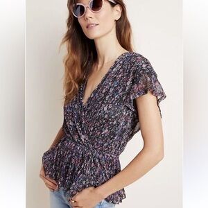 Anthropologie Dionne Metallic Floral Print Short Sleeve Top Blouse Sz XS